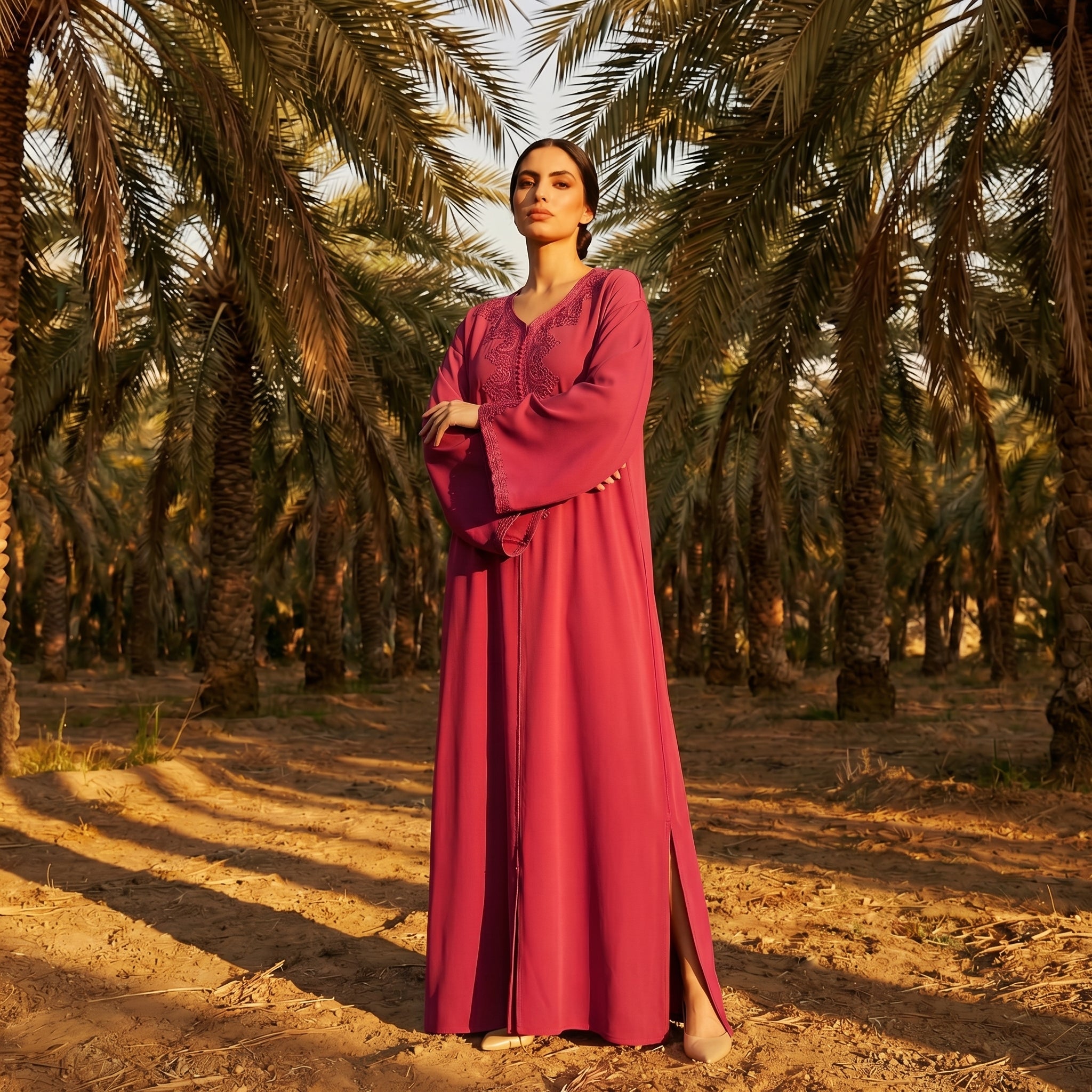 fuchsia Kaftan - Flowing Tonal Embroidery Ceremony Style