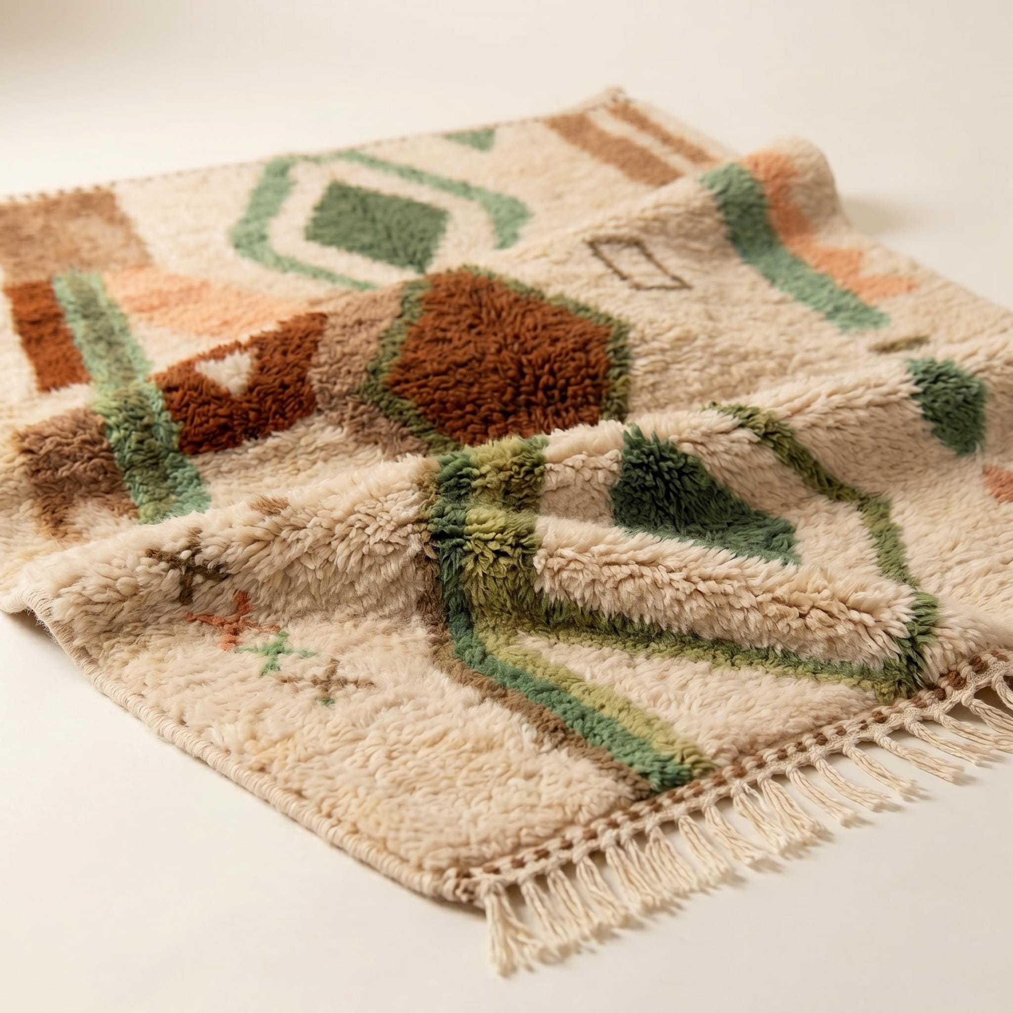 Azilal Rug - Ivory Sage Green Terracotta Wool Rug - Handmade Diamond Tribal Rug - Boho Area Rug - Berber Carpet - Multiple Sizes