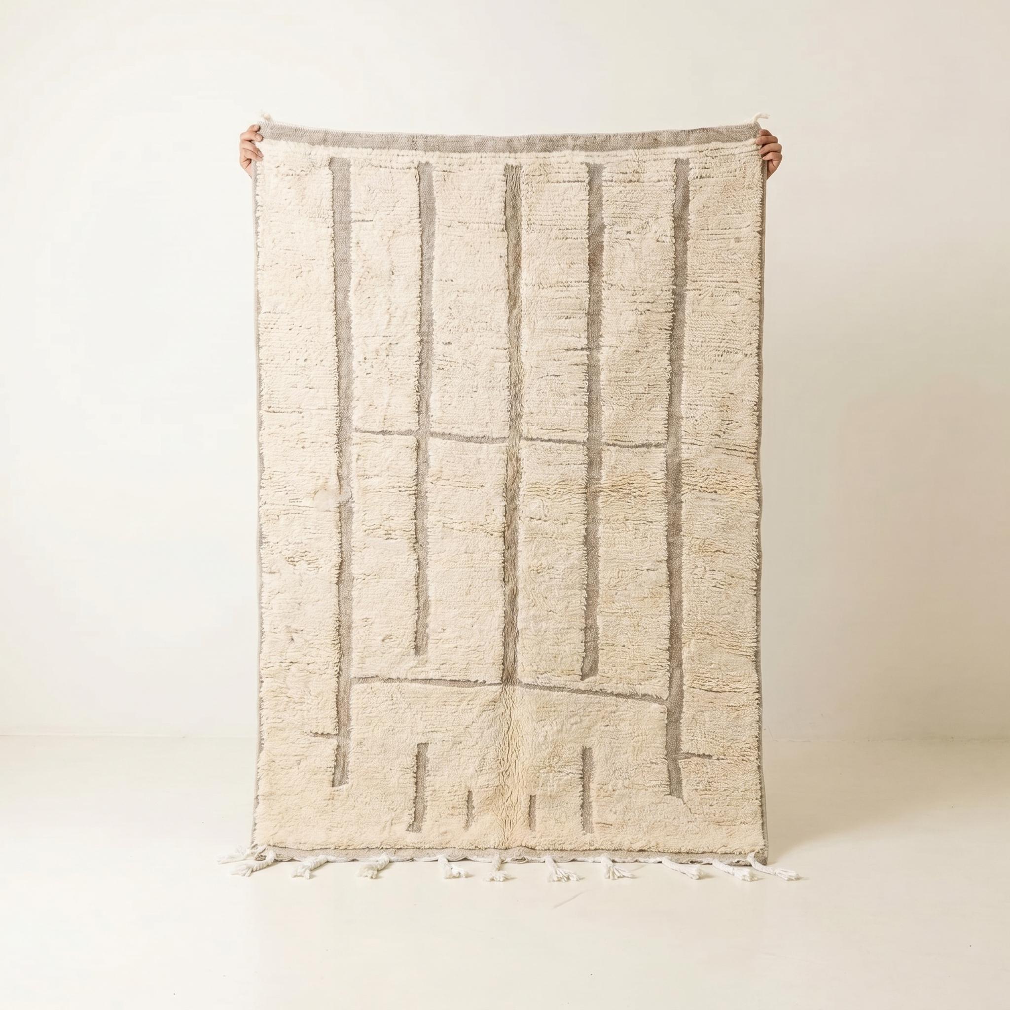 Beni Ourain Rug - Ivory Grey Wool Rug - Handmade Striped Rug - Japandi Area Rug - Minimalist Berber Carpet - Multiple Sizes