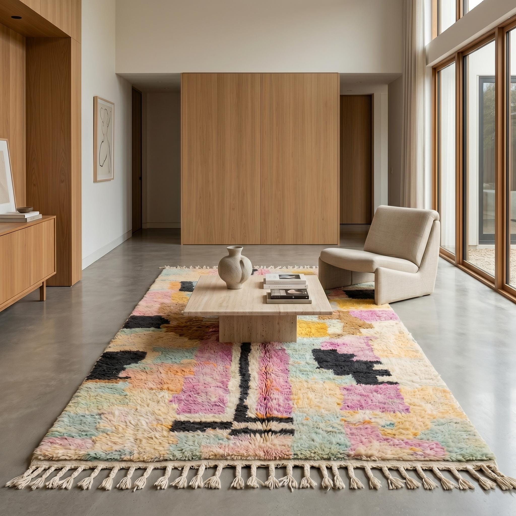 Boujaad Rug 8x5 ft - Pink Mustard Pastel Wool Rug - One of a Kind Art Rug - Rare Color Block Berber Carpet - Collector Boho Rug