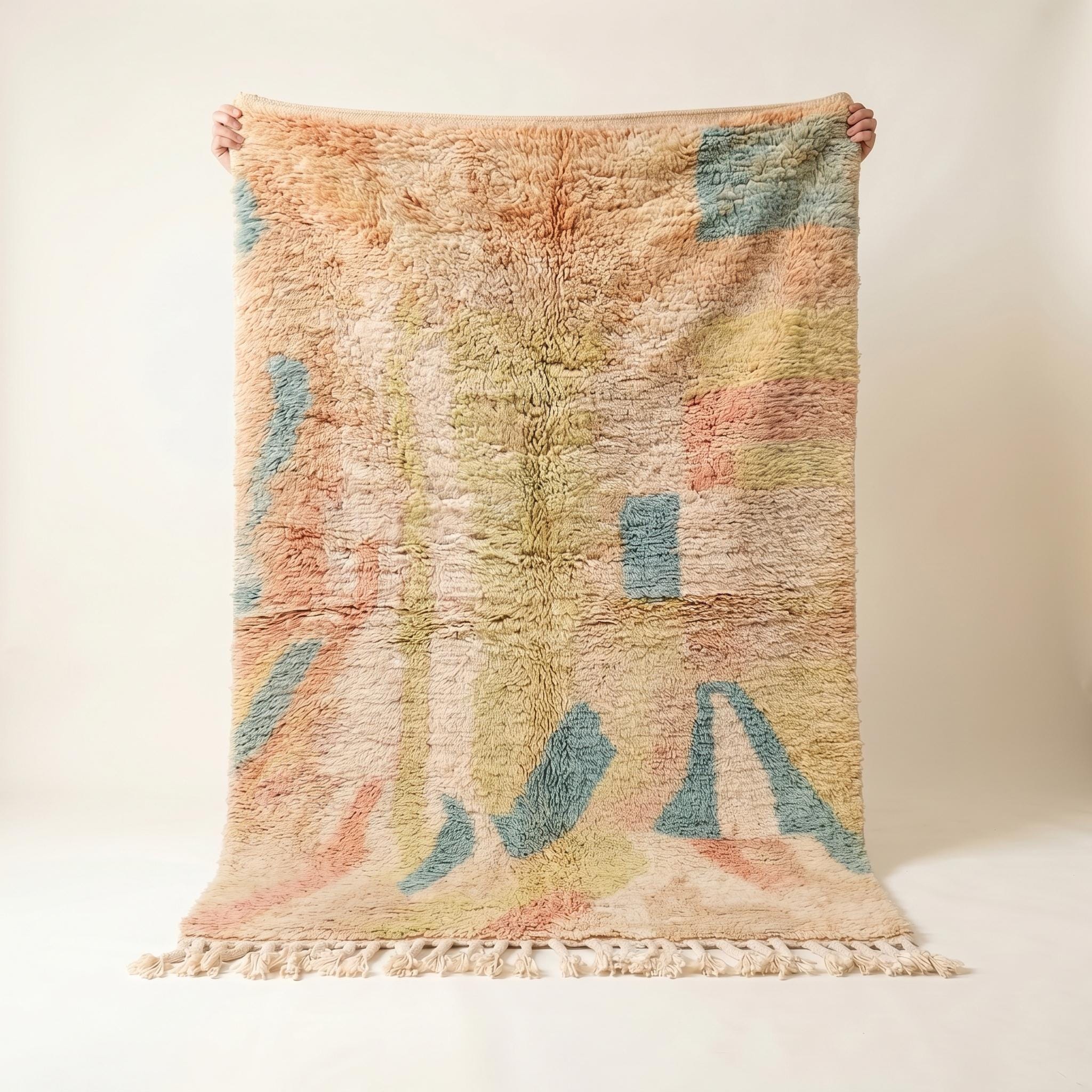 Boujaad Rug - Peach Sage Blue Pastel Wool Rug - Handmade Watercolor Abstract Rug - One of a Kind Boho Berber Carpet