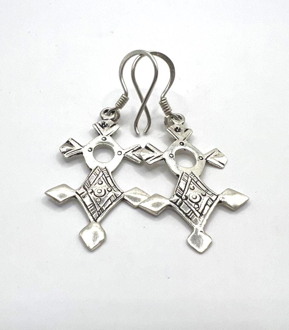 Tuareg Croix du Sud Sterling Silver Spiral Bohemian Cross Earrings: Berber Tribal Ethnic Jewelry