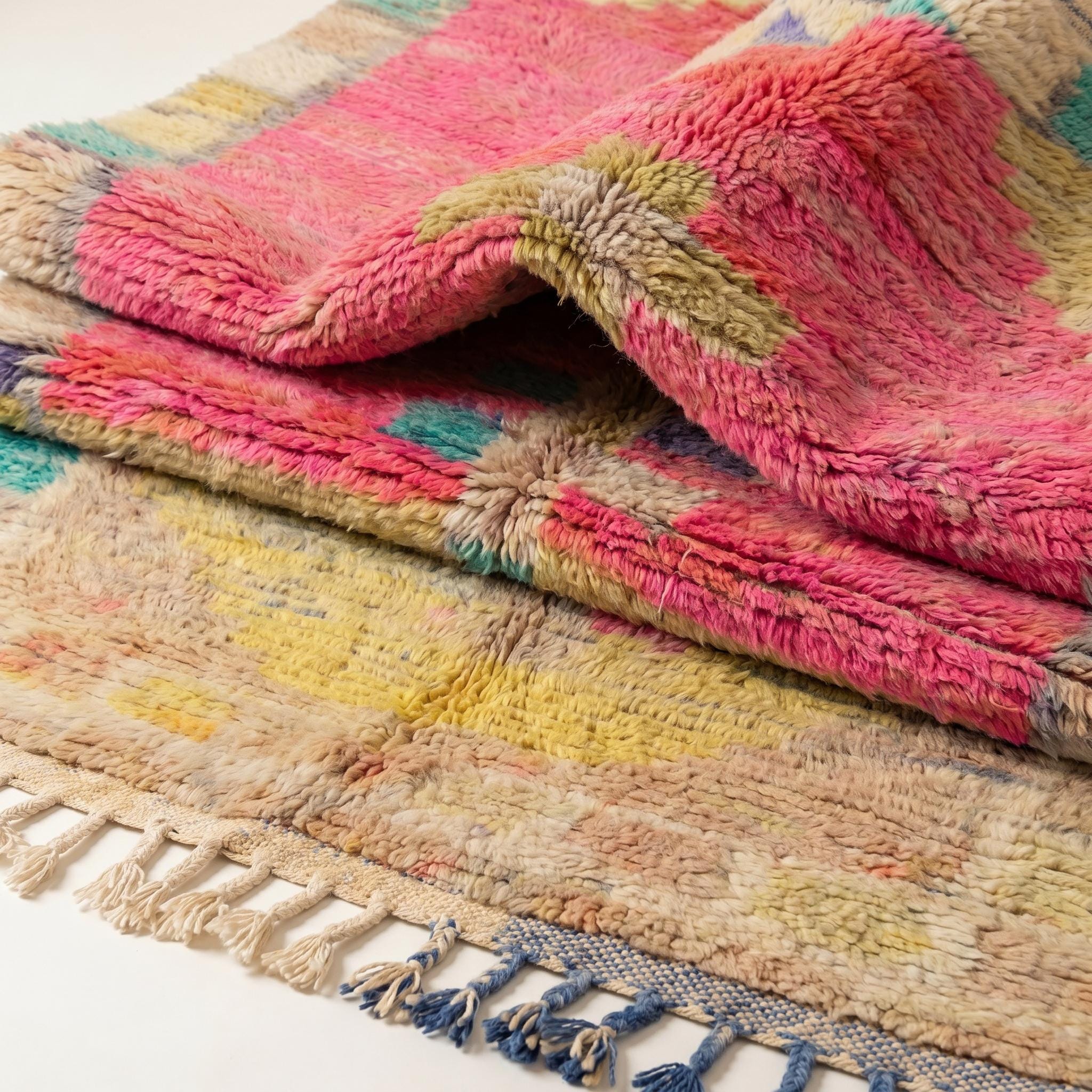 Boujaad Rug - Hot Pink Ivory Multicolor Wool Rug - Handmade Medallion Abstract Rug - One of a Kind Boho Berber Carpet
