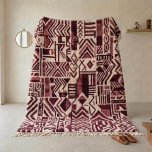 Handwoven Burgundy Berber Rug - Abstract Tribal Wool Shag Carpet
