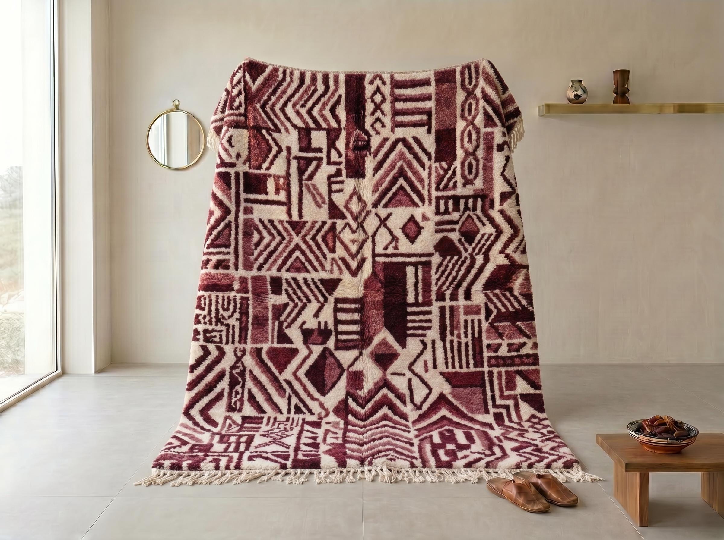 Handwoven Burgundy Berber Rug - Abstract Tribal Wool Shag Carpet