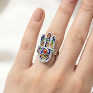 Amazigh Hamsa Hand Sterling Silver Ring: Red Coral Enamel, Tribal Jewelry