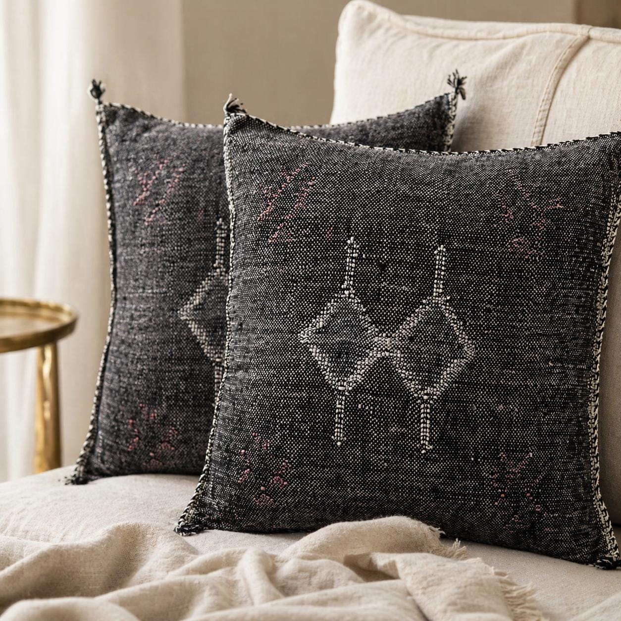 Berber Handmade cactus silk cushion case Black Pillow
