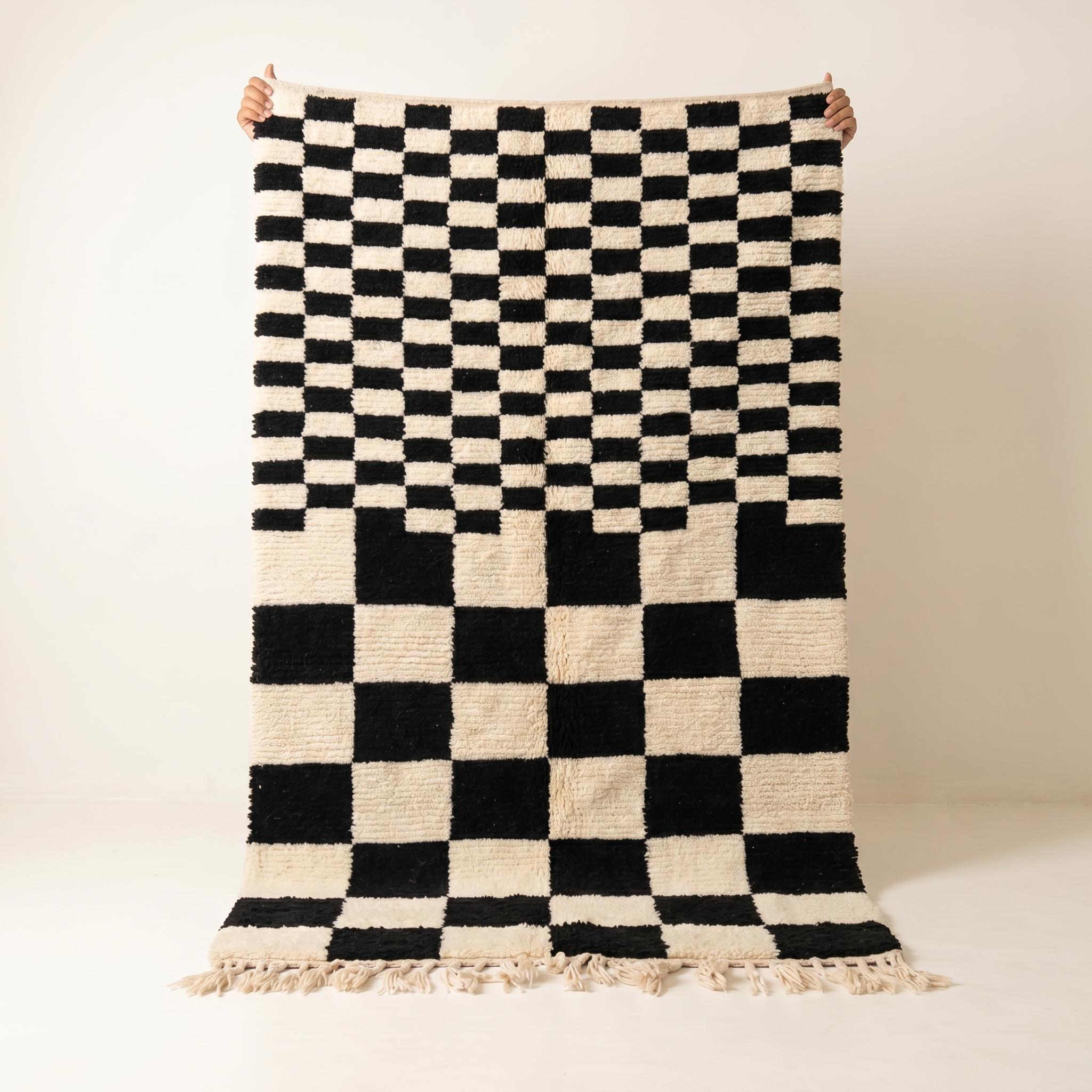 Checkered Rug - Ivory Black Wool Rug - Handmade Large Check Rug - Modern Area Rug - Graphic Berber Carpet - Multiple Sizes