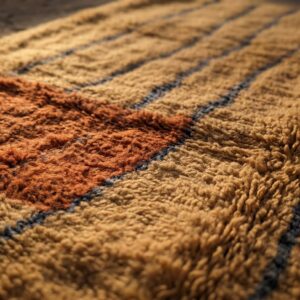 Terracotta Color Block Berber Rug - Camel & Blue Stripe Wool Shag, Handwoven Beni ourain Living Room Rug