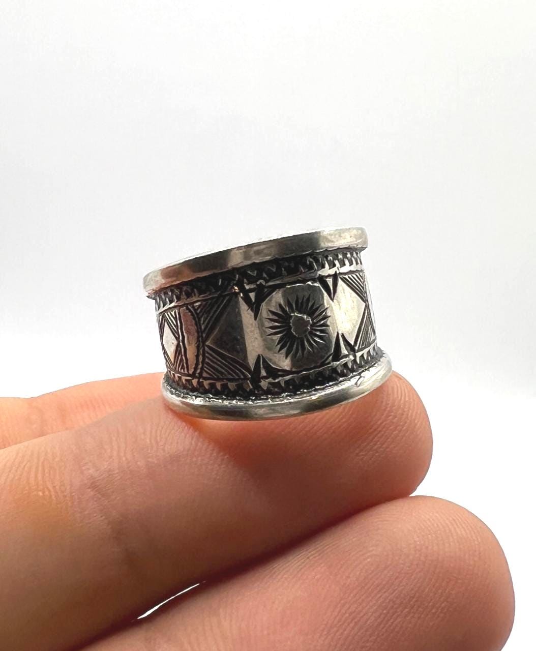 Sterling Silver Amazigh Ring - Hand-Engraved Berber Tribal Band (Size 7 US)