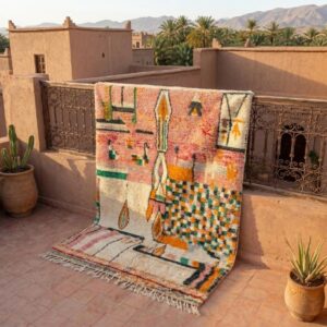 Pink Abstract Wool Rug, Handwoven Berber Carpet, Bohemian Geometric Area Rug