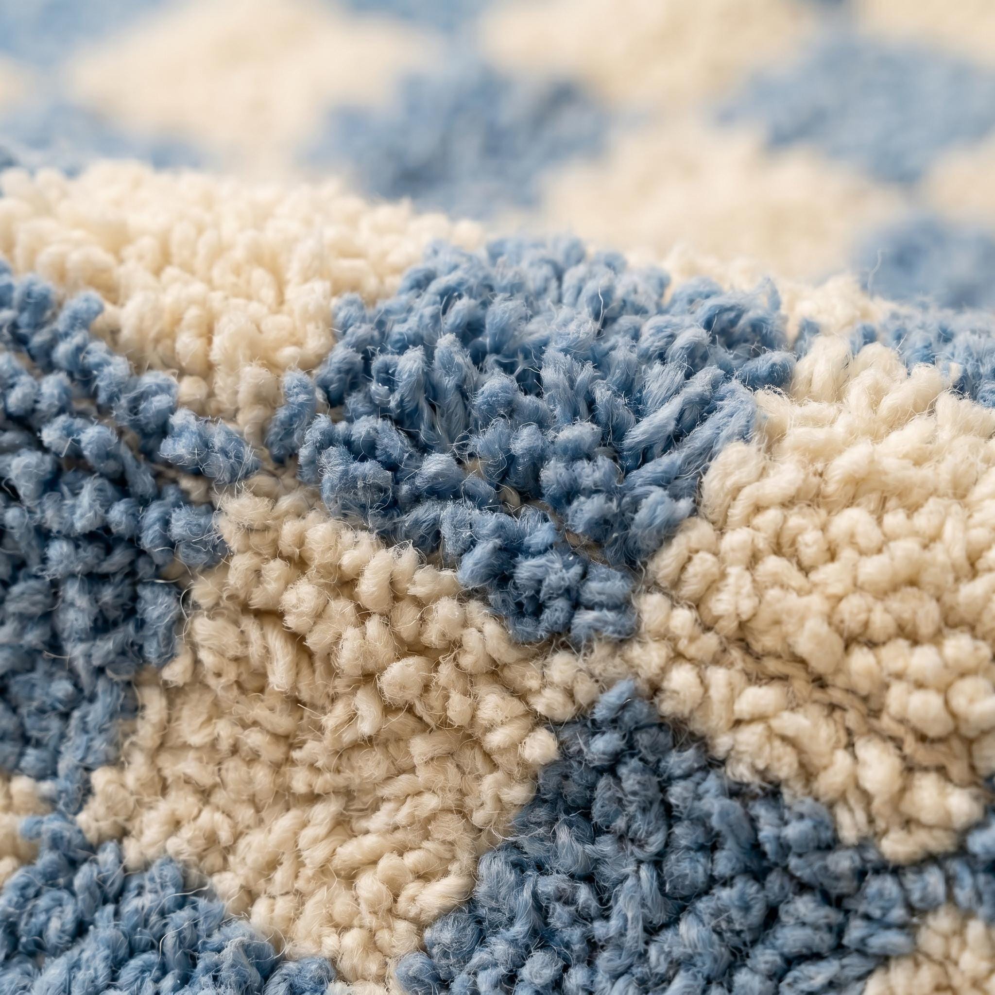 Checkered Rug - Sky Blue Ivory Wool Rug - Handmade Checker Rug - Coastal Area Rug - Soft Berber Carpet - Multiple Sizes