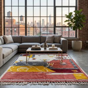 Hand Knotted Beni Ourain Wool Rug, Abstract Tribal Amazigh Carpet, Terracotta Burgundy Shag
