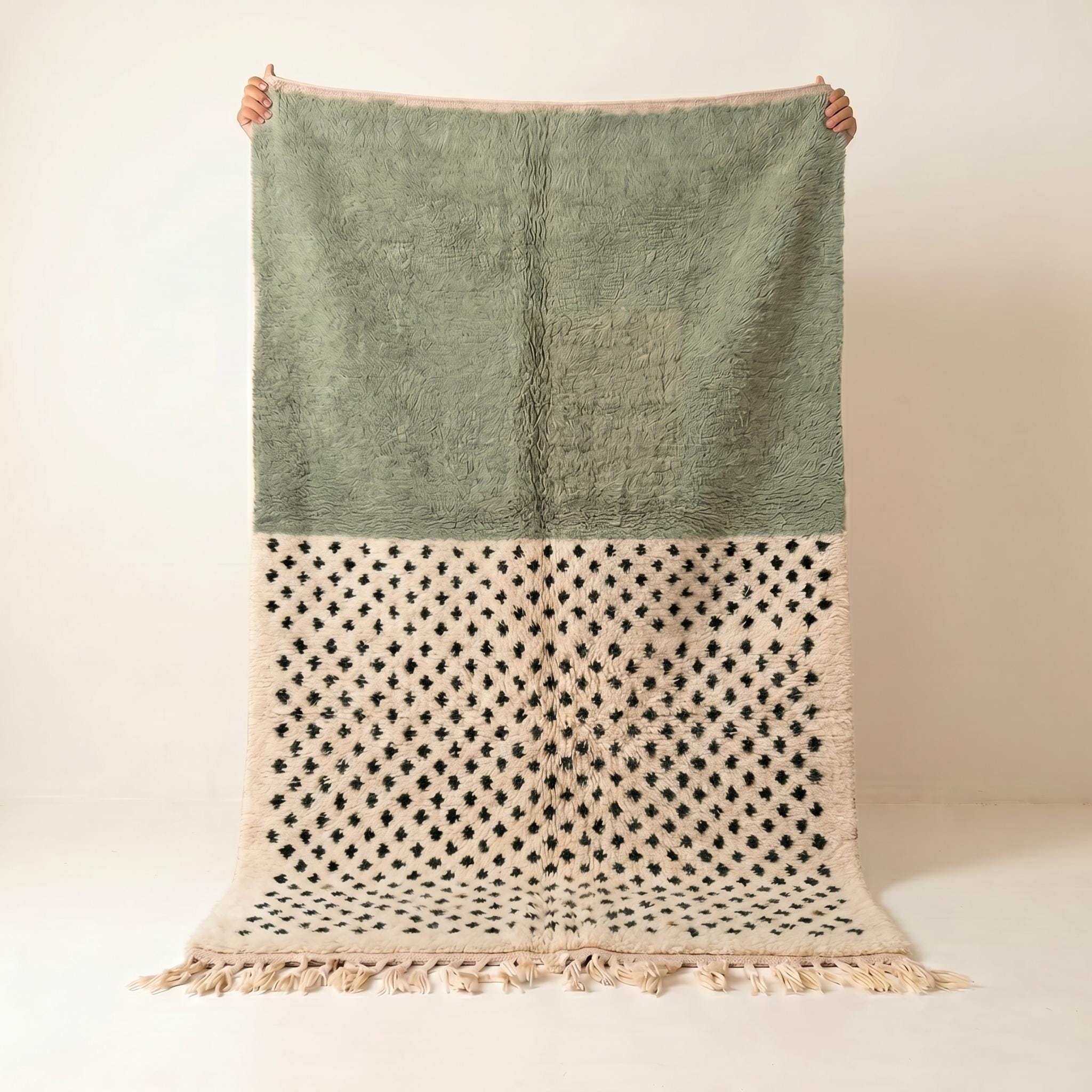 Boujaad Rug - Sage Green Ivory Wool Rug - Handmade Color Block Dot Rug - Modern Area Rug - Berber Carpet - Multiple Sizes