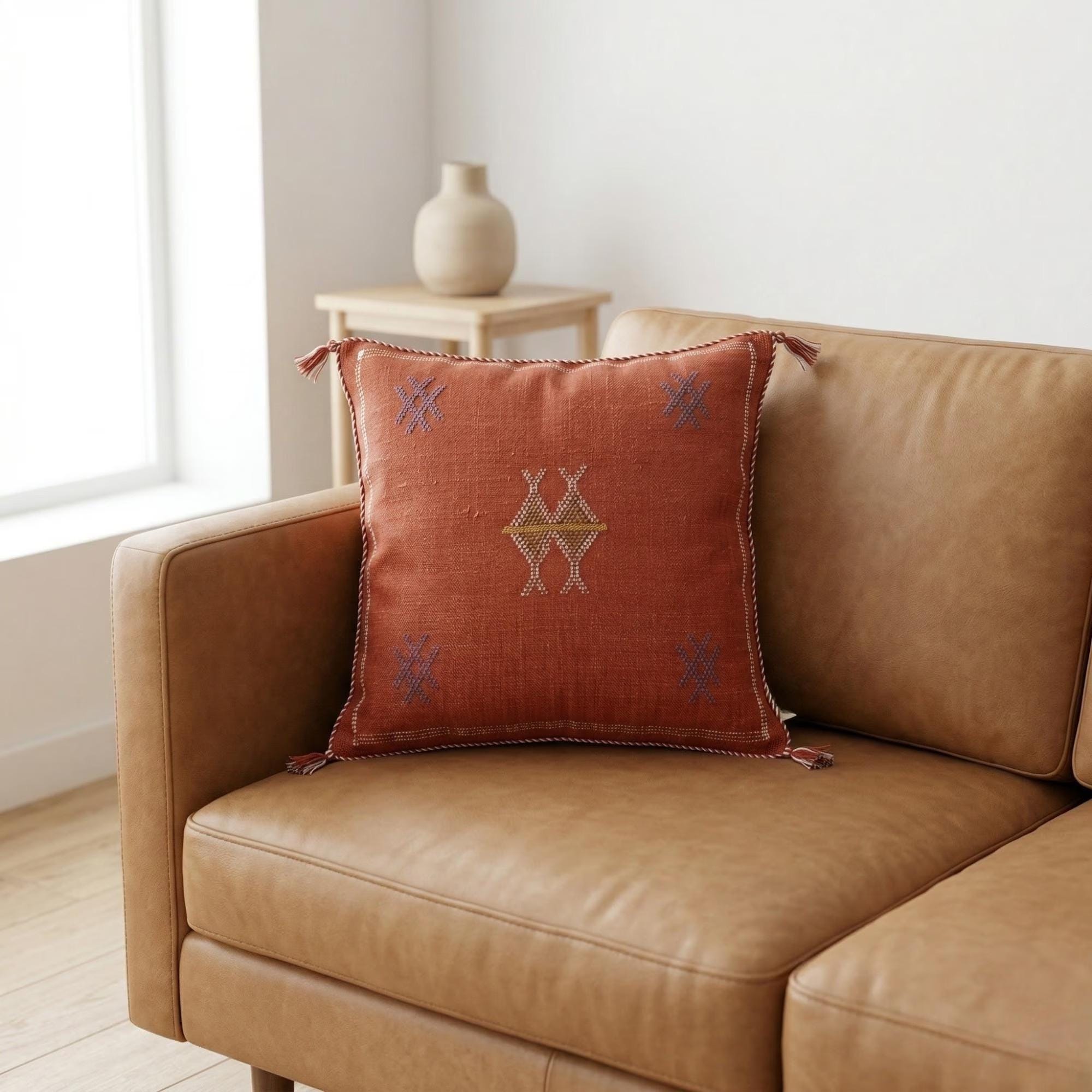Berber Red Cactus Silk Handmade Sabra Cushion Pillow