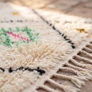 Hand-knotted Ivory Beni Ourain Wool Rug, Colorful Berber Symbols, Plush Shag Carpet