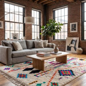 Azilal Rug - Ivory Wool Shag with Multicolor Folk Art Symbols, Handmade Tribal Berber Area Rug