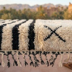 Handwoven Beni Ourain Rug, Black White Stripes, Asymmetric Berber Carpet, Boho Living Room