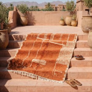 Terracotta Beni Ourain Berber Carpet, Abstract Shag Wool Rug, Desert Modern Living Room