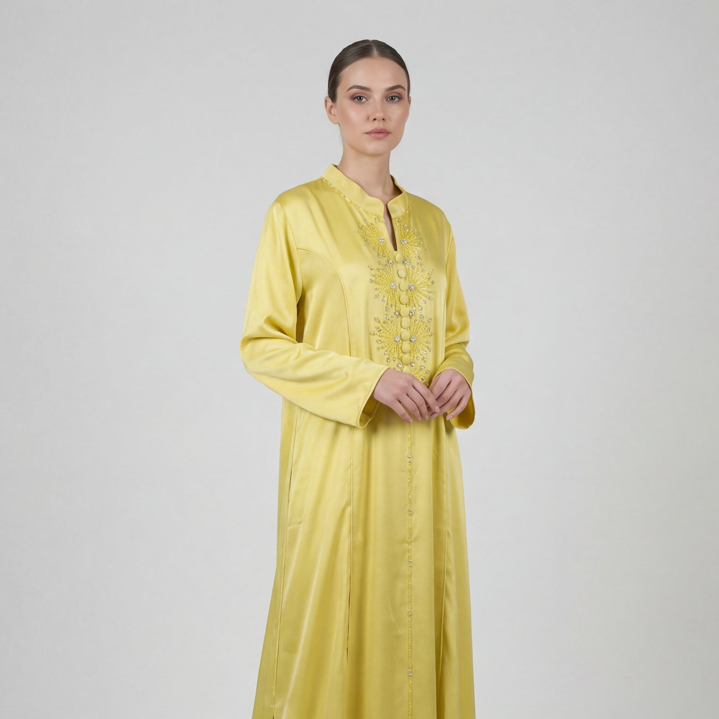 Pastel Embroidered Abaya Dress - Yellow Occasion Wear Elegance