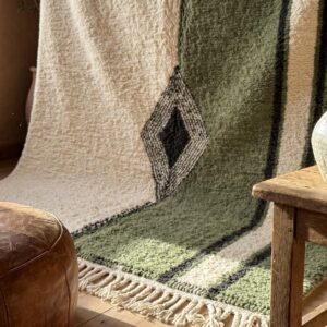 Amazigh Olive Green Beni Ourain Rug, Split Field Wool Carpet, Handmade Shag Diamond Living Room