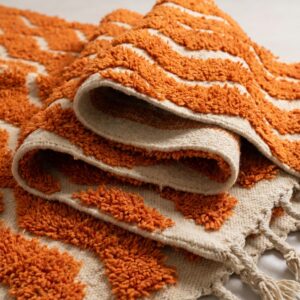 Rug - Ivory Orange Zigzag Wool Rug - Handmade Berber Wave Rug - Terracotta Boho Area Rug - Abstract Stripe Carpet - Multiple Sizes