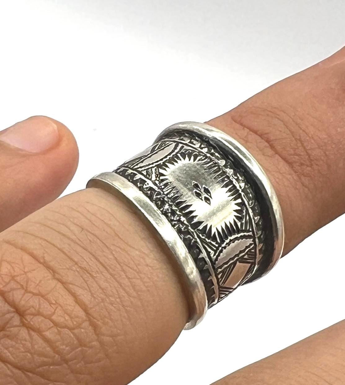 Sterling Silver Amazigh Ring - Hand-Engraved Berber Tribal Band (Size 7 US)