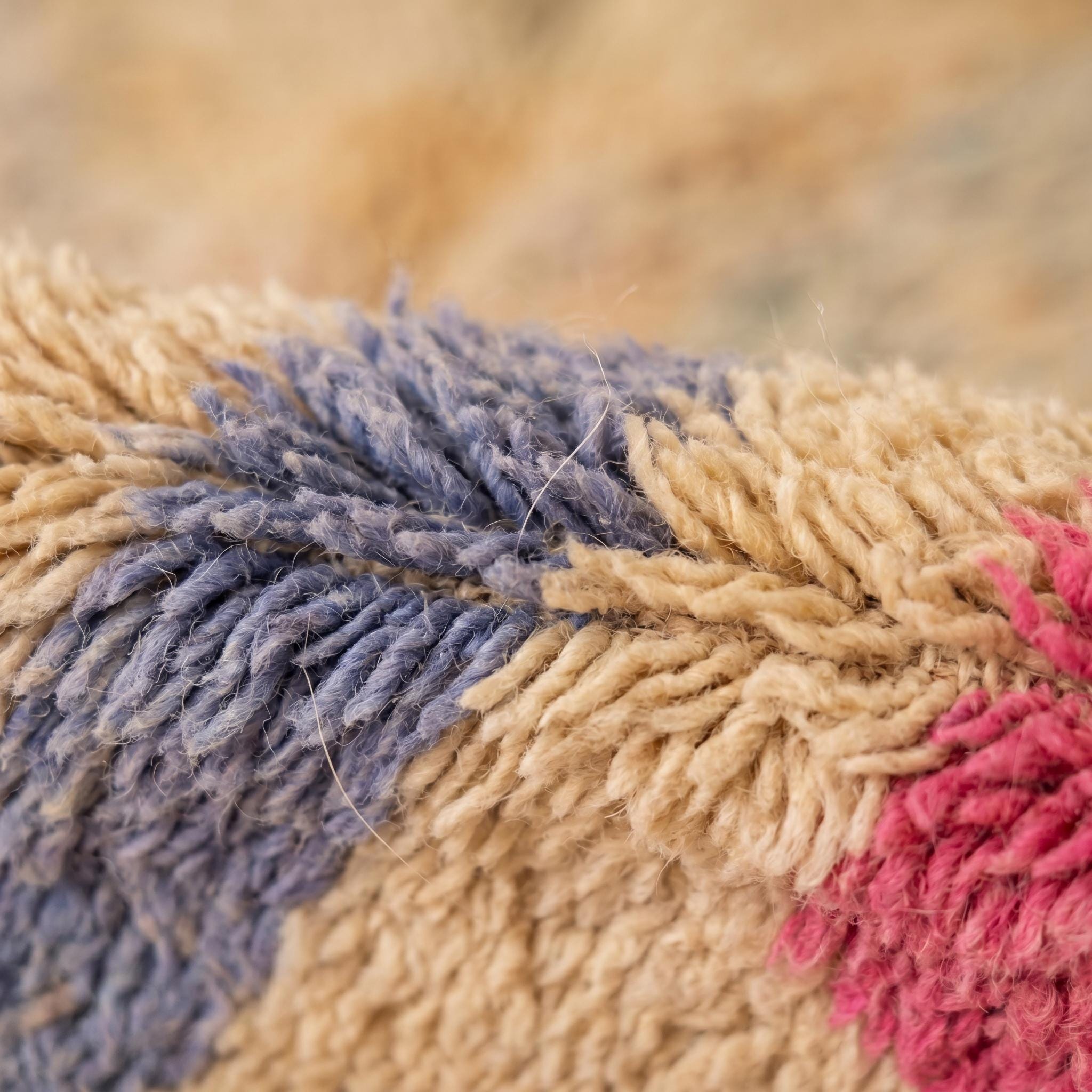 Boujaad Rug - Sandy Beige Purple Fuchsia Wool Rug - Handmade Abstract Rug - 8x5 Boho Area Rug - One of a Kind Berber Carpet