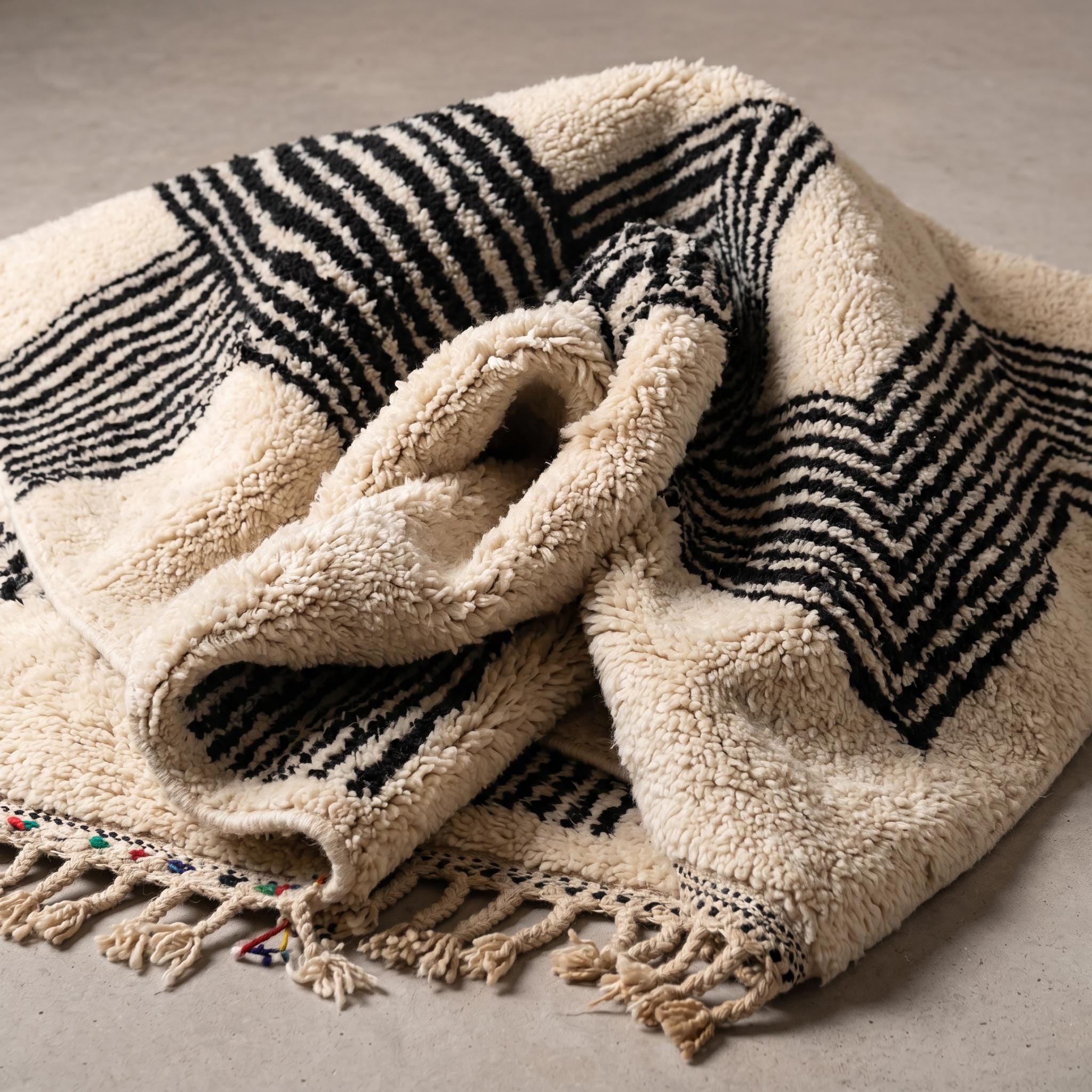 Beni Ourain Rug - Ivory Black Wool Rug - Handmade Geometric Rug - Modern Area Rug - Graphic Berber Carpet - Multiple Sizes