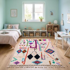 Azilal Rug - Ivory Wool Shag with Multicolor Folk Art Symbols, Handmade Tribal Berber Area Rug