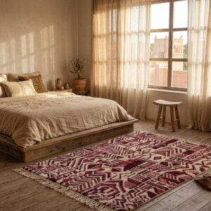 Handwoven Burgundy Berber Rug - Abstract Tribal Wool Shag Carpet