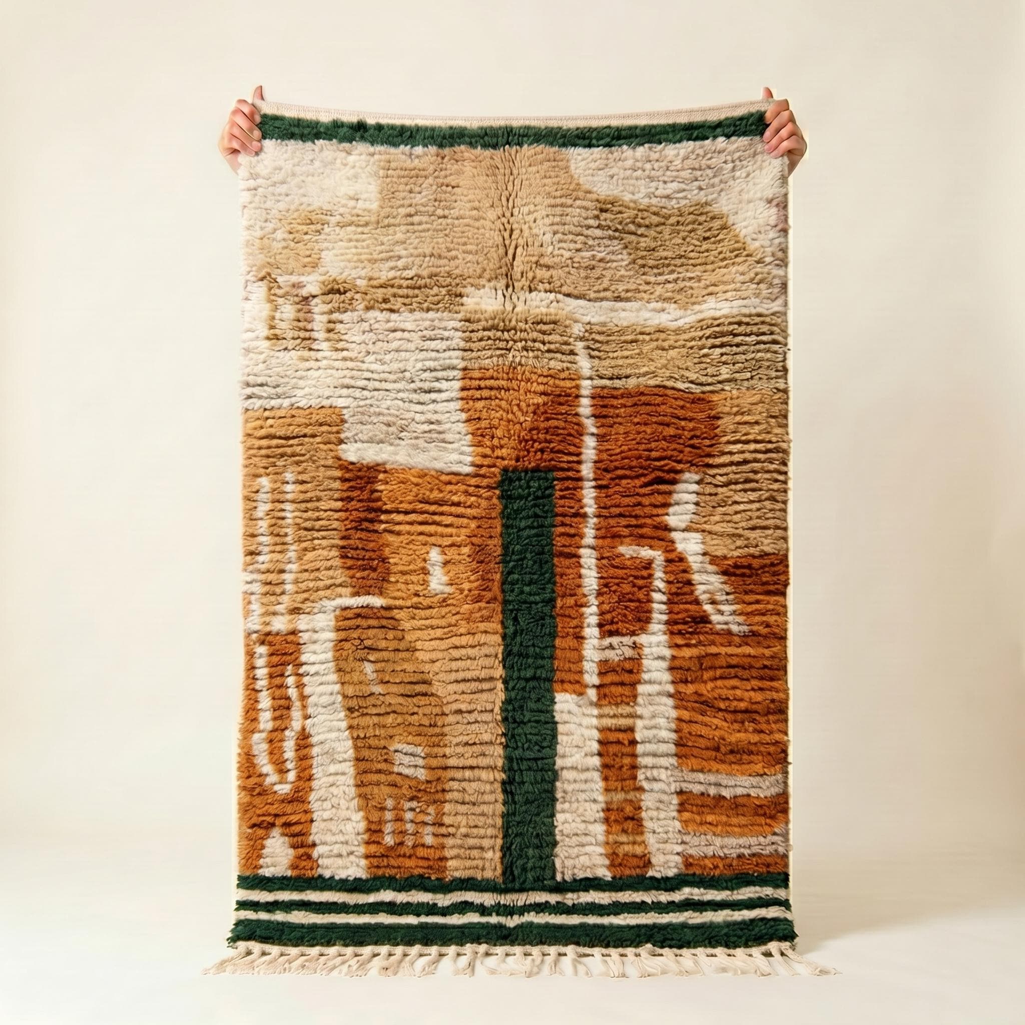 Boujaad Rug - Terracotta Forest Green Wool Rug - Handmade Abstract Art Rug - Earthy Boho Area Rug - Berber Carpet - Multiple Sizes