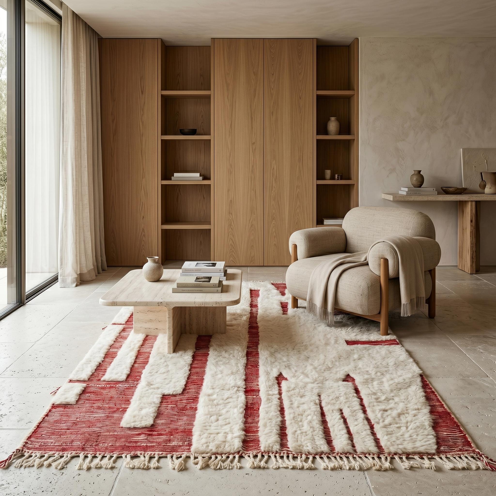 Boujaad Rug - Ivory Red Wool Rug - Handmade Abstract Architectural Rug - Modern Area Rug - Berber Carpet - Multiple Sizes