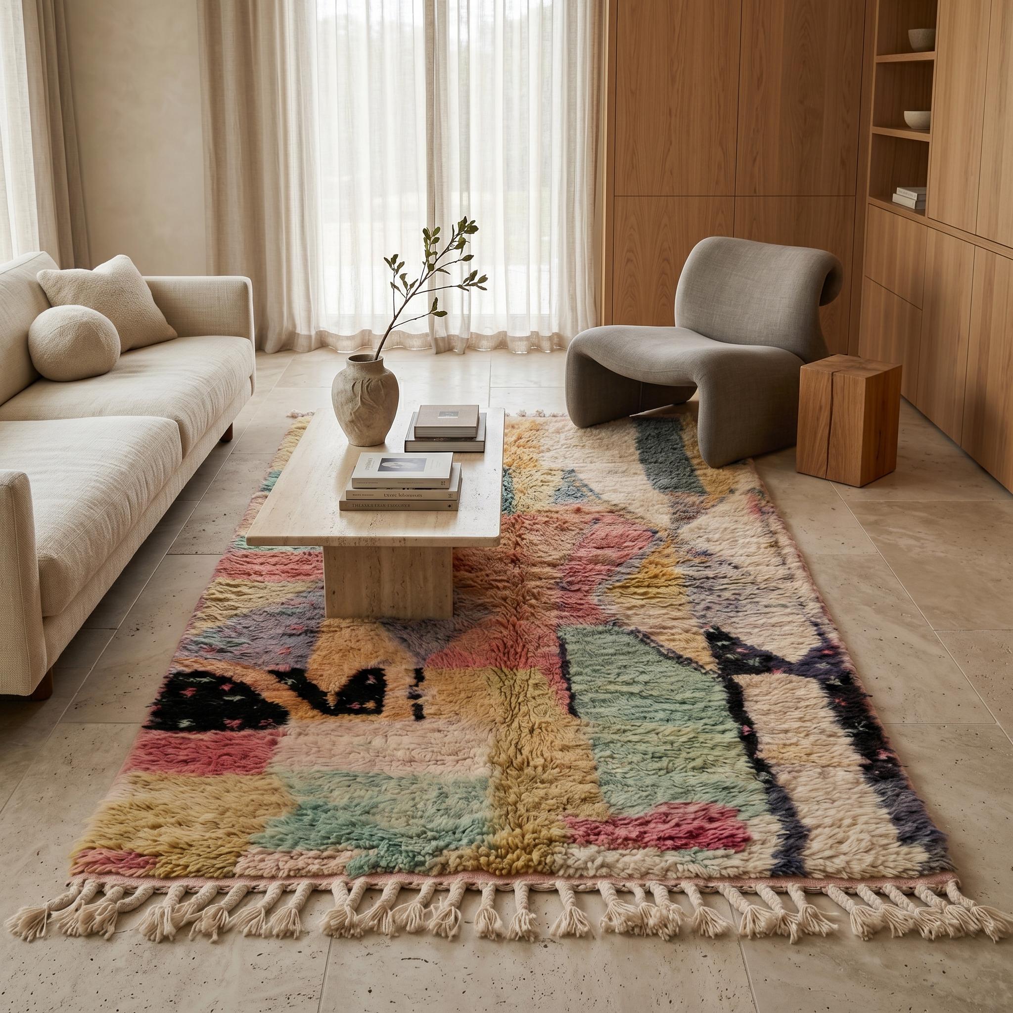 Boujaad Rug - Pink Sage Pastel Multicolor Wool Rug - Handmade Abstract Art Rug - One of a Kind Boho Berber Carpet