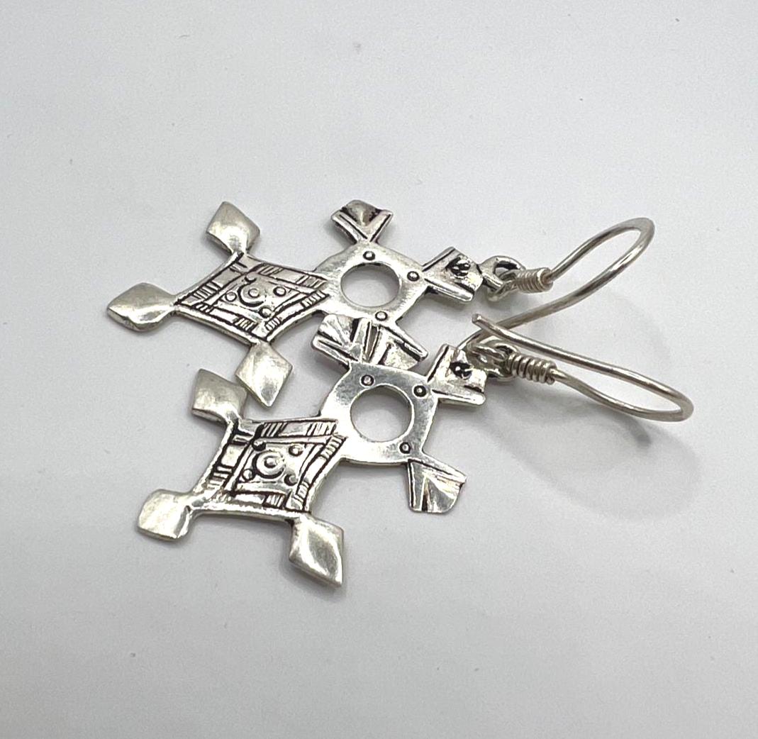 Tuareg Croix du Sud Sterling Silver Spiral Bohemian Cross Earrings: Berber Tribal Ethnic Jewelry