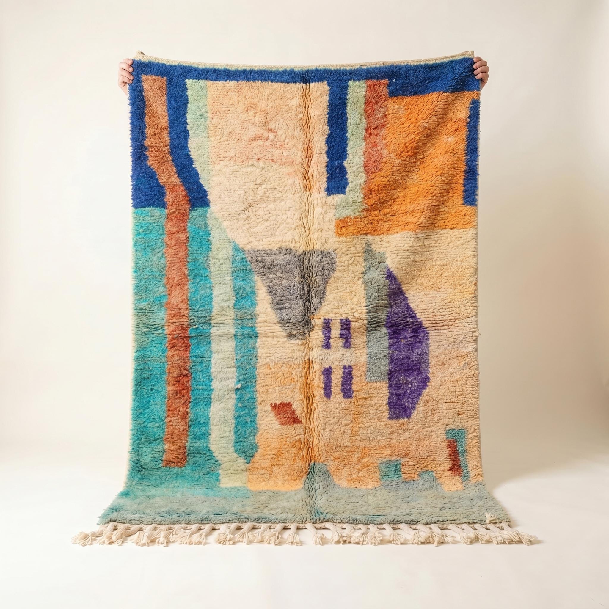 Boujaad Rug - Teal Blue Orange Multicolor Wool Rug - Handmade Abstract Art Rug - One of a Kind Boho Berber Carpet