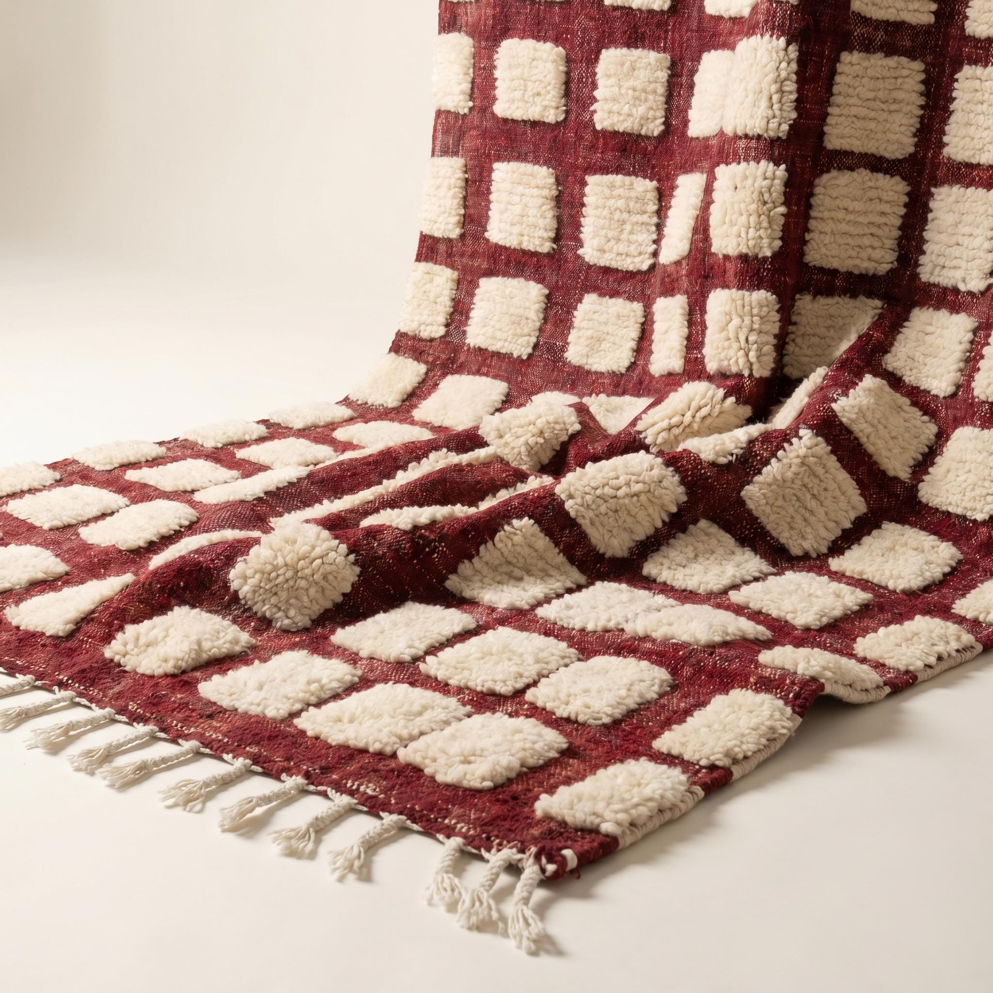 Checkered Rug - Burgundy Ivory Wool Rug - Handmade Checker Rug - Maximalist Area Rug - Rich Berber Carpet - Multiple Sizes
