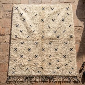 Hand-knotted Beni Ourain Wool Rug, Cream Berber Symbols, Boho Bedroom Decor