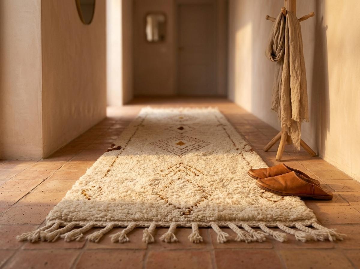 Beni Ourain Runner Rug, Berber Hallway Carpet, Cream and Brown Tribal Shag, Modern Minimalist Entryway Decor, Custom Size