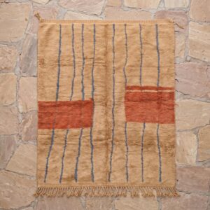 Terracotta Color Block Berber Rug - Camel & Blue Stripe Wool Shag, Handwoven Beni ourain Living Room Rug
