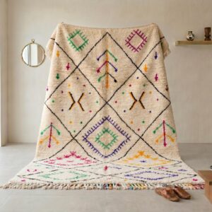 Hand-knotted Ivory Beni Ourain Wool Rug, Colorful Berber Symbols, Plush Shag Carpet