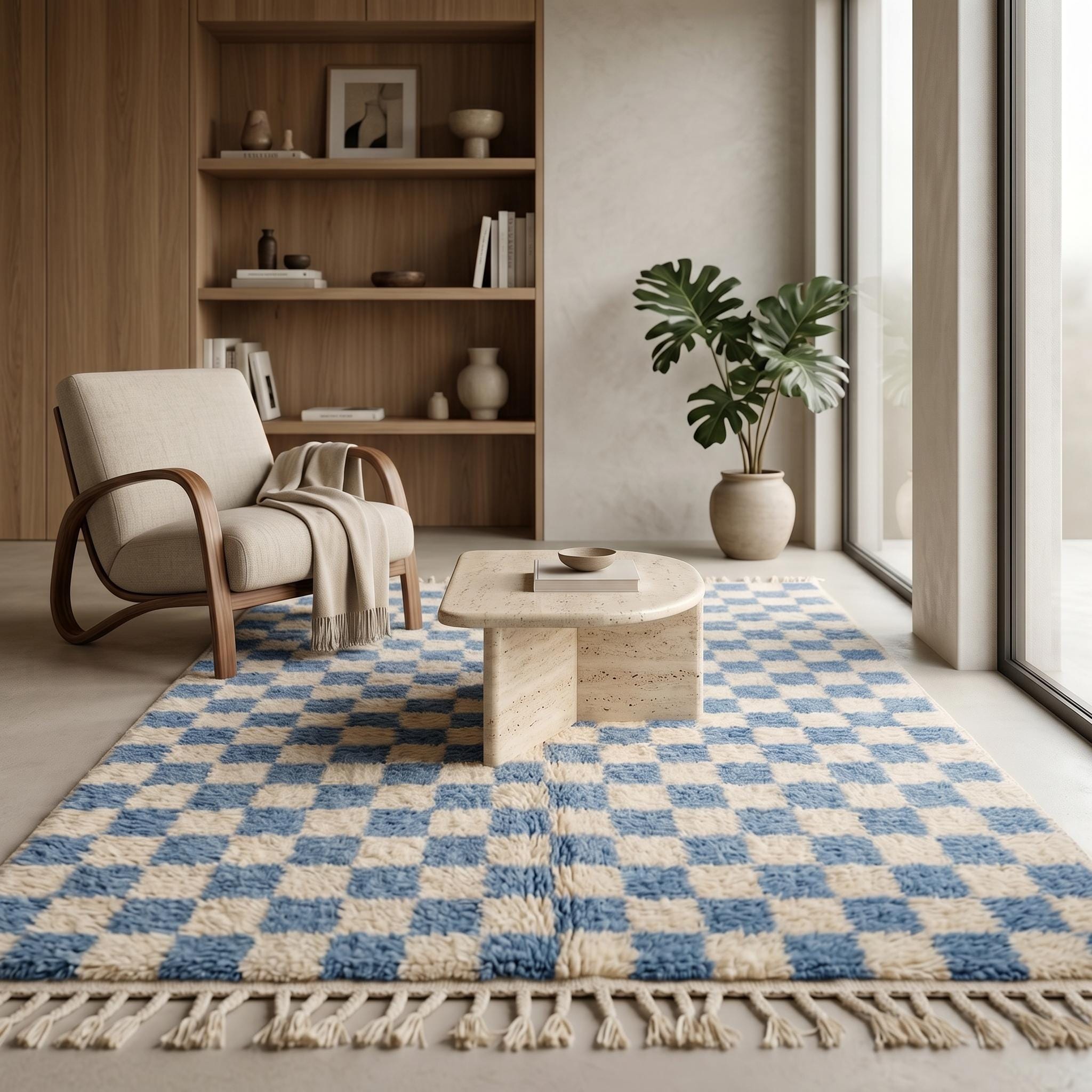 Checkered Rug - Sky Blue Ivory Wool Rug - Handmade Checker Rug - Coastal Area Rug - Soft Berber Carpet - Multiple Sizes