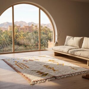 Handmade Beni Ourain Amazigh Rug, Ivory Wool Shag, Saffron Purple Amber Totem Carpet