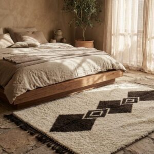 Handwoven Beni Ourain Diamond Wool Rug, Brown Cream Berber Carpet, Boho Living Room Decor