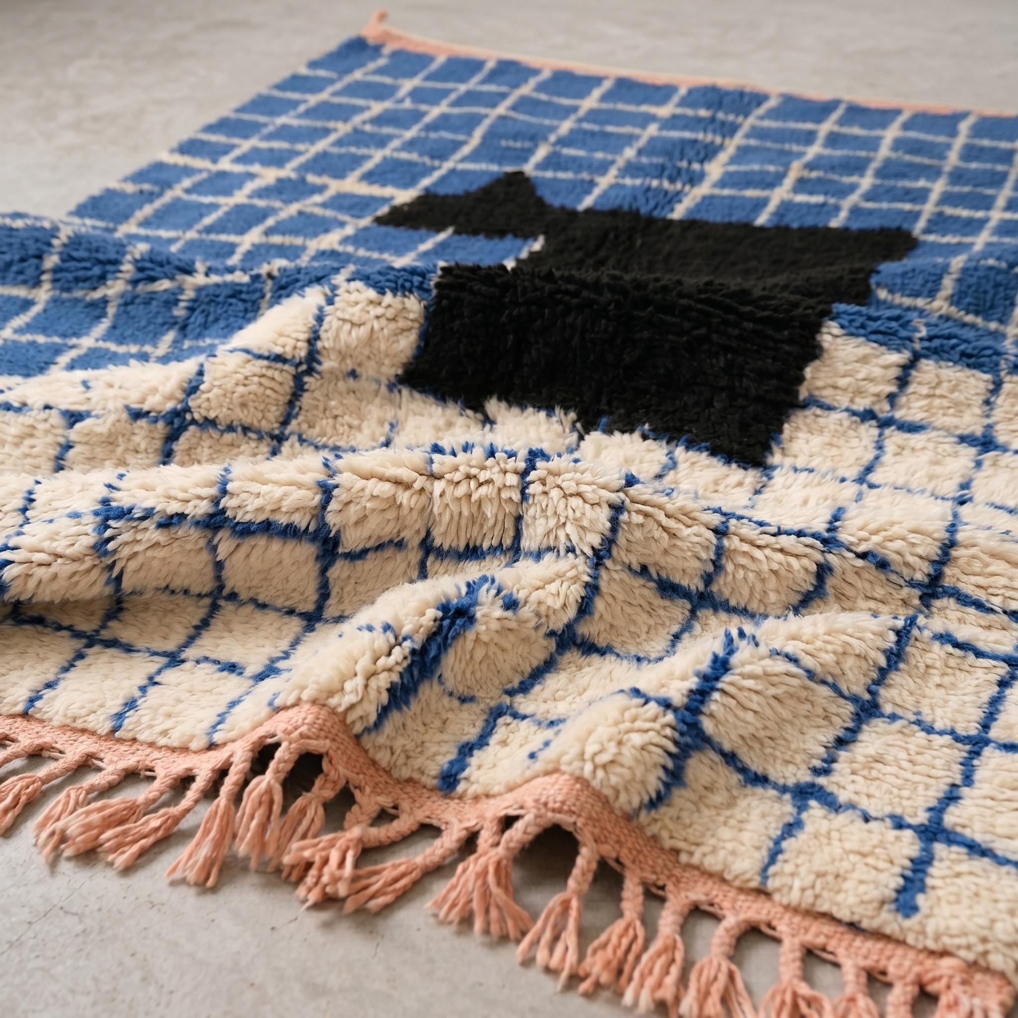 Boujaad Rug - Royal Blue Ivory Wool Rug - Handmade Grid Abstract Art Rug - Bold Area Rug - Berber Carpet - Multiple Sizes