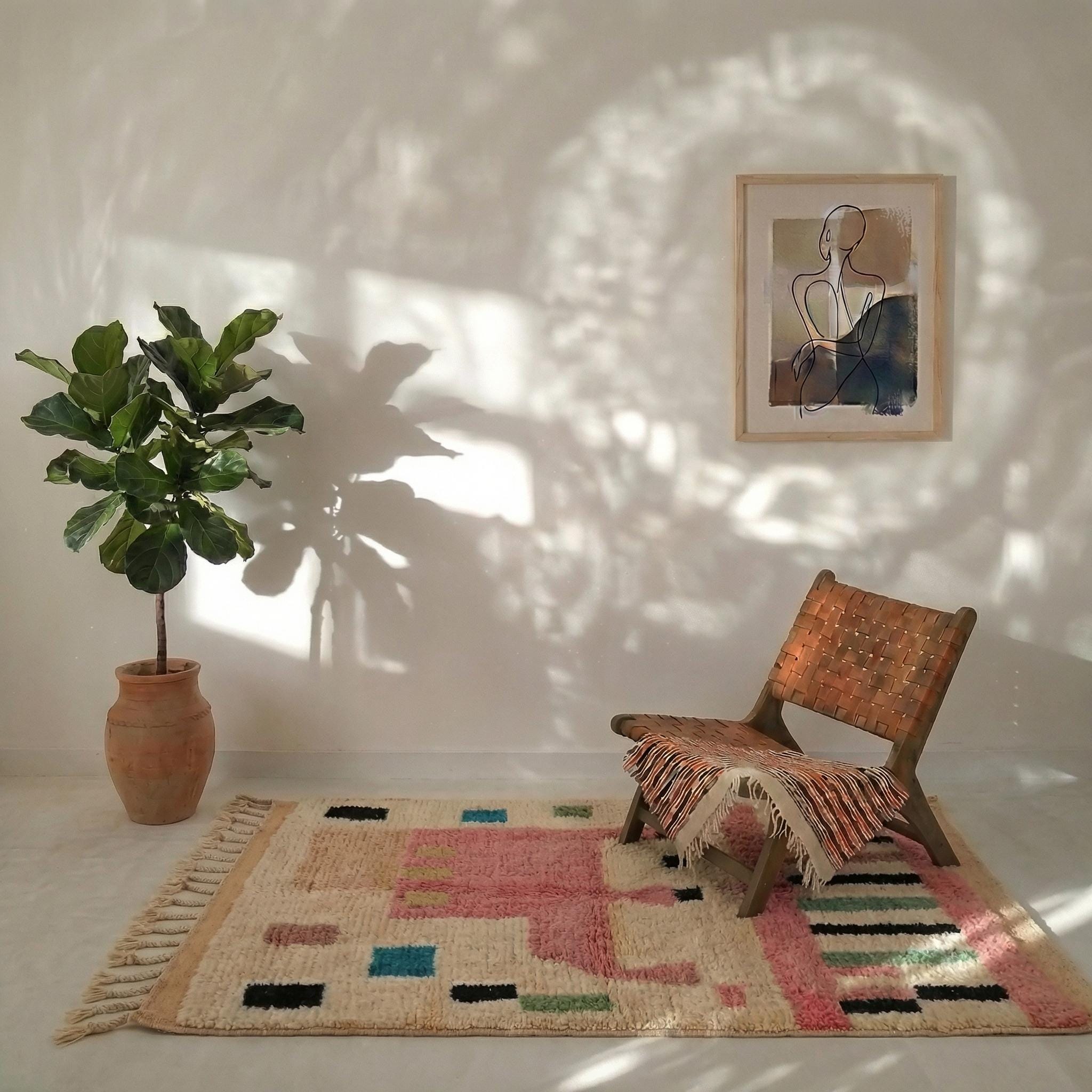 Boujaad Rug - Ivory Pink Abstract Wool Rug - Handmade Art Rug - Pastel Boho Area Rug - Colorful Berber Carpet - Multiple Sizes