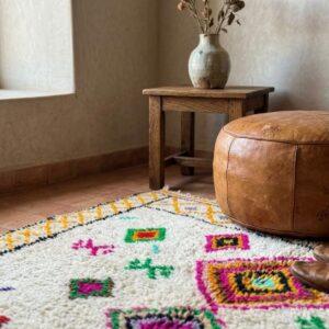 Amazigh Handmade Beni Ourain Wool Rug, Rainbow Diamond Shag Carpet, Boho Eclectic Ivory Pink Green