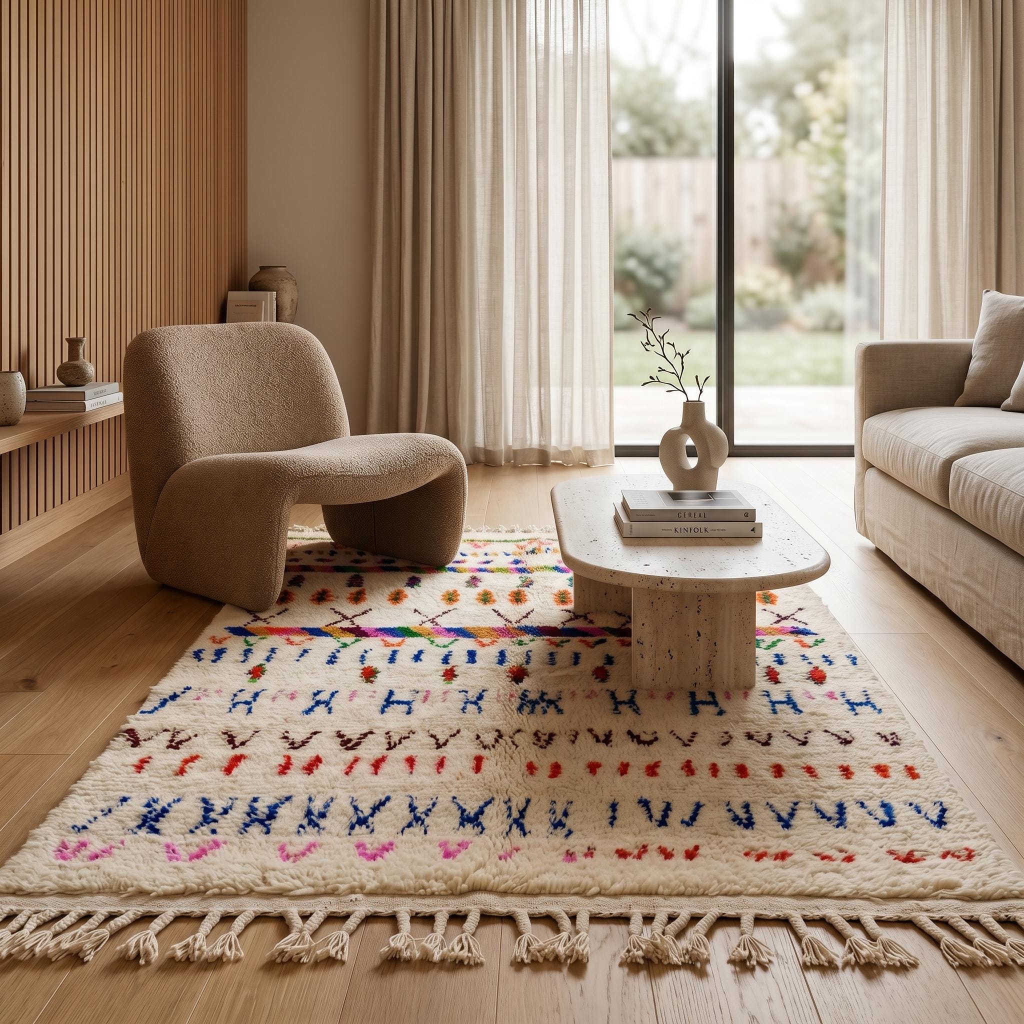 Azilal Rug - Ivory Multicolor Tribal Wool Rug - Handmade Stripe Symbol Rug - Colorful Area Rug - Berber Carpet - Multiple Sizes