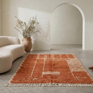 Terracotta Beni Ourain Berber Carpet, Abstract Shag Wool Rug, Desert Modern Living Room