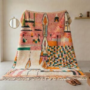 Pink Abstract Wool Rug, Handwoven Berber Carpet, Bohemian Geometric Area Rug